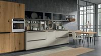 Matt Kenya grey | Honey aged oak | Aluminium frame with urban finish tempered bronze glass | Worktop: Fenix laminate | Bookcase: matt beaver | Plinth: urban oxidized
