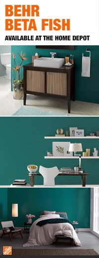 With a bold blue-green look, BEHR Beta Fish is the perfect statement paint color for any room. Whether it’s in an office, or bedroom, BEHR paint will brighten up your space and give it a brand new look that’s all your own. Click through to shop BEHR products at The Home Depot.