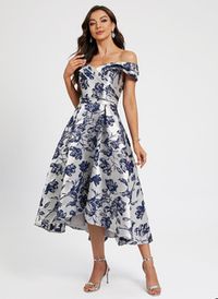 A-Line Off-the-Shoulder Asymmetrical Satin Cocktail Dress With Flower(s) (016272131) - JJ's House