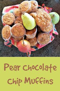 Pear Recipe - Pear Chocolate Chip Muffins. A delicious, moist muffin with chunks of pear and just the right amount of chocolate. #muffins #pears #pearmuffins via @pattywoodland