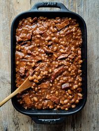 Rich, tangy, sweet, savory, with the best little kick, these easy to make Baked Beans don't require soaking the beans, and are the perfect side to burgers, ribs, with a salad, or even as a breakfast side. And of course, Beans and Toast! #bakedbeans #bakedbeansnosoaking #easybakedbeans #porkandbeans #budgetfriendlyrecipes #glutenfree #comfortfood #campingfood #picnicfood #gamedayfood #beansandtoast #cannedbeans #pantrystaplesrecipes