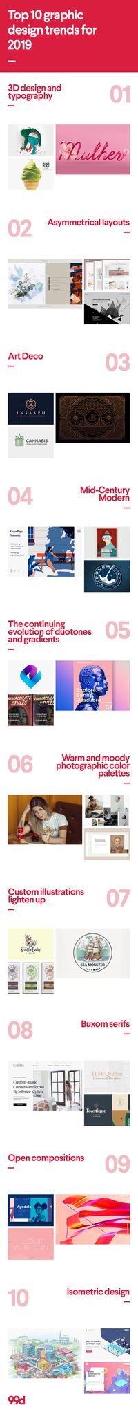 The 10 most inspirational graphic design trends for 2019. From 3D typography to duotones to isometric design, it's shaping up to be an exciting year in #graphicdesign #graphicdesigntrends #2019designtrends