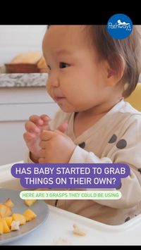 As your baby ages, their feeding skills start improving. You may notice their grip on food is changing! Before, they would grab with their whole hand. Now they are bringing their thumb and index finger together to pinch and grasp food - also known as the pincer grasp! #finemotor #finemotorskills #babydevelopment #pediatricot #pediatricoccupationaltherapy #babyskills #babyeducation #pincergrasp #babyfood #babyeats #babyfeeding #feedingdevelopment