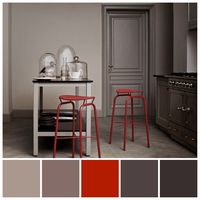 Love the bright red Nagasaki stool in this muted, monochromatic kitchen! Muted monochromatic and/or achromatic colour schemes are the perfect background for pops of saturated colour. Colour palette illustration by Zena O’Connor using an image by @gubiofficial