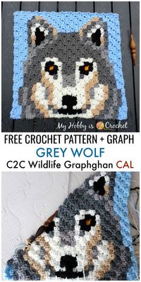 Square 6 of the Wildlife Graphghan CAL is this beautiful C2C grey wolf. Use it together with all the other animal squares to make a lovely blanket or make this square only and turn it into a pillow case. #crochet #freecrochetpattern #c2ccrochet #pixelart