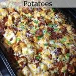 Loaded Chicken and Potatoes 1 lb boneless chicken breasts, cubed (1″) 6-8 medium skin on red potatoes, cut in 1/2″ cubes 1/3 c olive oil 1 1/2 tsp salt 1 tsp black pepper 1 Tbsp paprika 2 Tbsp garlic powder 2 Tbsp hot sauce (more if you like it HOT) Topping: 2 c fiesta blend cheese 1 c crumbled bacon 1 c diced green onion