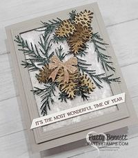 Stampin Up! Christmas card idea featuring Gray Granite \'Fabulous Frame\', Boughs of Holly Paper, Snowflake Vellum, and Christmas Pinecones dies. by Patty Bennett