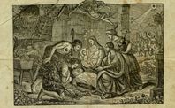 Estampa de José y la Virgen María con el niño Jesús en brazos y dos pastores saludando; En el pesebre están la Virgen con el niño en brazos. Ambos representados con halo, el de ella de estrellas. Al lado, San José sentado con una vara en la mano.
