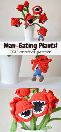 Oh wow! So FUN! Bouquet of man-eating plants crochet pattern! With a little man being eaten! How awesome is this amigurumi pattern!?! #crochet #pattern #crochetpattern #yarn #crafts #amigurumi #decor #funny #plants #maneatingplants #craftevangelist