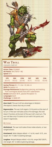 War TrollLarge giant, lawful evilArmor Class 18 (plate)Hit Points 184 (16d10 + 96)Speed 30 ft.Str 25, Dex 14, Con 23, Int 8, Wis 15, Cha 10Saving Throws Str +11, Con +10, Wis +6Damage Resistances bludgeoning, piercing, and slashing from...