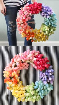 This gorgeous, colorful wreath is super easy to make and perfect for spring! I love the rainbow of tulips.