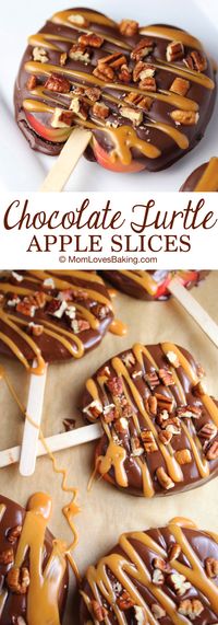 Chocolate Turtle Apple Slices are thick slices of Fuji apples covered in melted chocolate, drizzled with caramel and topped with nuts. Find the recipe on http://MomLovesBaking.com