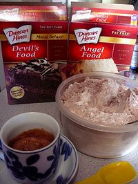 Genius! ------1-2-3 Cake. I LOVE this idea!!! You need two boxes of cake mix. One can be any flavor you prefer, but the other MUST be Angel Food cake mix. Mix them together (shake them in a big ziploc bag or stir them together in a big bowl). Then simply store the mixture in an airtight container until you get the urge for dessert. Then just put three tablespoons of the dry mixture in a big coffee mug and stir in two tablespoons of water. Microwave it for one minute and you will have a single serving of cake! Top with fruit, ice cream whipped cream or whatever. :):):) Awesome for those of us who want something sweet every now without making an entire cake!!