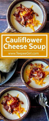 This cauliflower cheese soup is heaven in a bowl! Creamy, cheesy, and totally satisfying, this soup will make you a super star at your dinner table or any social event. Get it today at www.TeepeeGirl.com.