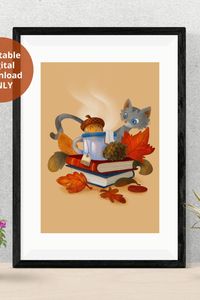 It's acorn tea bath time! This whimsical fall printable wall art is perfect as kawaii poster or kawaii art print, to decorate your house in the fall season!