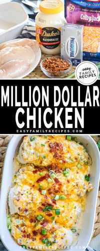 BEST CHICKEN EVER! This easy chicken bake is on our regular dinner rotation. The Million Dollar Chicken combines tender chicken breast, cream cheese, cheddar cheese, bacon, and green onions for a rich creamy dish that is packed with flavor! Perfect for low carb diets, gluten free, and hungry teenagers, this recipe makes baked chicken exciting again!