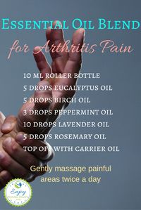 If you suffer with arthritis pain, you MUST try this blend: it works miracles. It includes eucalyptus, birch, peppermint, lavender and rosemary oils: some will help with inflammation, some with pain and others will help you relax. Gently massage in your painful areas twice a day.