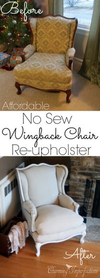 Super affordable, DIY, no sew wingback chair re-upholster tutorial. What a transformation! (scheduled via http://www.tailwindapp.com?utm_source=pinterest&utm_medium=twpin&utm_content=post642063&utm_campaign=scheduler_attribution)