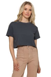 This top features a crew neckline, short sleeves, cropped fit, and a relaxed silhouette. Rowena is 5'8" and is wearing one size fits most 100% Cotton Machine wash cold gentle cycle Tumble dry low Hang or line dry