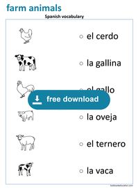 Spanish vocabulary, farm animals (cerdo, gallina, oveja, ternero, vaca). Preschool, Kindergarten, First grade worksheets: lookbookeducation.com