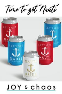 Let's get nauti with these nautical themed can coolers! Keep your drinks cool but looking cute at the same time, and check out all our other color options on our site! Shop these & other wedding goodies with the link below ☆ joyandchaosshop.com/ #weddinggifts #nauticaltheme #letsgetnauti #bride #weddinginspiration