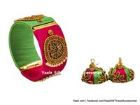 Yaalz Silk Thread BANGLE & EARRING Yaalz Silk Thread Kundan Work 1 Inch Bracelet Bangle With Matching Jhumka Earrings In Green & Dark Pink Colors | Yaalz