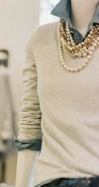Denim shirt, pullover & pearls