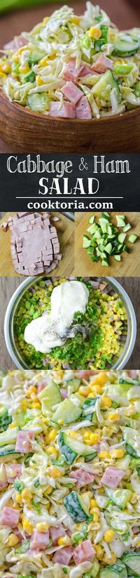 Made with fresh cabbage, cucumbers, ham, corn and scallions, this tasty and crunchy Cabbage and Ham Salad is packed with vitamins and makes a quick lunch or side dish. ❤️ COOKTORIA.COM