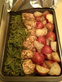 ~Zesty Chicken, Potato, and Green Bean Bake~ 9x13 pan, cut 3 boneless chicken breast in half, add 2 cans of green beans on one side, and cut up red skinned potatoes on the other side. Sprinkle a packet of zesty Italian dressing mix on top. Drizzle 1 stick of melted butter (i added some honey and seasoning to the butter) all over it. Cover with aluminum foil and bake at 350 for 1 hour.