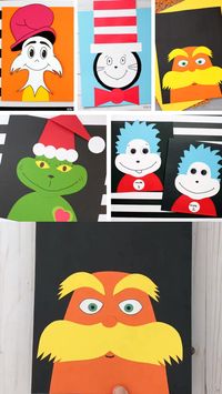 Dr Seuss crafts with templates: Cat in the Hat, Thing 1 and Thing 2, The Lorax, The Grinch and Sam I Am from Green Eggs And Ham. Book inspired crafts for preschoolers, kindergartners and older kids. #samiamcraft #thing1andthing2craft #grinchcraft #greeneggsandham #catinthehat #drseusscrafts #drseussrcaftskids