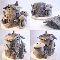 Tree stump fairy house. This is a custom lidded yarn bowl with toadstool crochet hook holder. Could also be a lantern. Coloured and finished in about three weeks. earthwoolfire.etsy.com