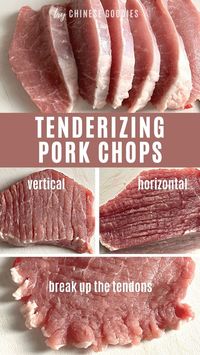 To tenderize pork chop, you need to cut the pork into 1-1.5 thin slices and use the back of a knife or a meat mallet to loosen the pork chop. Then break up the tendons ( cut a couple of knives on the white part of the edge of the meat) so that the meat doesn't shrink into little pieces during frying. And the pork chop will be tender. This is how Chinese restaurants tenderize pork chops. #trychinesegoodies #Chineseporkrecipes #porkrecipes #dinner