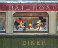 Mickey-and-Minnie-Mouse-Dinner-in-a-Classic-Railroad-Diner-Giclee-on-Canvas