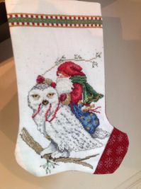 St. Nicholas and Snow Owl $29.95, Santa cross stitched stocking, st Nicholas cross stitched stocking, Christmas stockings, christmas cross stitched stocking, Great Christmas gift for your loved ones.