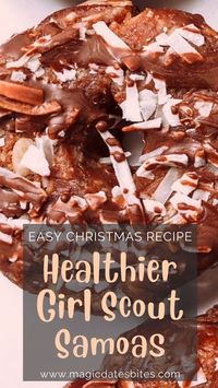 A healthier take on classic Girl Scout cookies, these Samoas are easy to make, have no processed sugars, and can even be made vegan! | Easy and tasty gluten-free recipes meal ideas. Gluten-free appetizers, snacks and simple meals. Gluten Free Cooking. Gluten Free Diet. Easy dessert. Gluten Free Dessert Ideas. Vegan Recipes Ideas. No Bake Recipe. Christmas Dessert Ideas. #glutenfree #reipes #healthyfood #christmas #healthy #delicious #dessert #nobake |