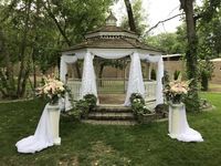 Norland Gazebo Symmetrical Sheer Draping with Petal Accents #lethbridgeeventrentals #lethbridgeevents #ceremony #wedding #weddingceremony #gazebo #gazebowedding #gazebodraping #draping #sheer #petalfabric #herecomesthebride