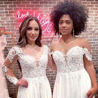 Off-the-shoulder Chiffon Wedding Dress Chantal by Maggie Sottero. Click to find this gown! . . . . #offtheshoulderweddingdress #chiffonweddingdress #longsleeveweddingdress