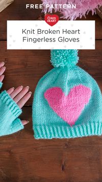 Free Knit Broken Heart Fingerless Gloves pattern using Red Heart Super Saver yarn. Keep fingers free to use your phone with this fun and graphic fingerless gloves and hat set. Featuring Red Heart Super Saver, the set boasts a focal heart motif using duplicate stitch. Working in the round, you'll also learn stocking stitch, twisted ribbing, and more on this great project for advanced beginners. #Yarnspirations #KnitGloves #FingerlessGloves #RedHeartYarn #RedHeartSuperSaver