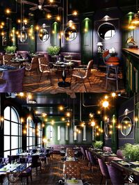 The interior is in harmony with the industrial and classical style with the selection of furniture dominated by green, purple and brown, mirrored wall designs and lighting. | İç mekanda yeşil, mor, ve kahverenginin hakim olduğu mobilya seçimi, aynalı duvar tasarımları ve aydınlatmalarıyla endüstriyel ve klasik tarz uyum içinde. #industrialstyle #cafedecoration #cafedesign #cafetasarımı #cafedekorasyonu #cafebistro #bistrodesign #classicalstyle #industrial #lighting #walldesign #bardesign #wood