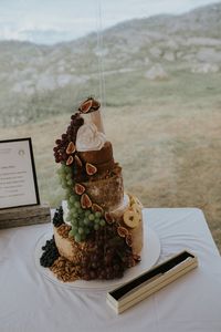 Cheese Tower Wedding Cake - Maureen Du Preez Photography | Essense of Australia Zita Gown | Rustic Marquee Wedding on Bosta Beach, Great Bernera Island, Outer Hebrides of Scotland | Biba House of Fraser Bridesmaid Dresses