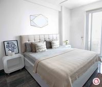 This master bedroom is glamorous and minimal at the same time with its white and gold accents.   #tufted #headboard #delhi #interiors #interiordesign #bedroomgoals