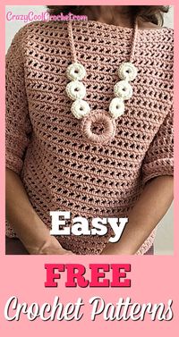 Super easy crochet sweater perfect for spring. Beginner level! Learn to crochet sleeves easily. Perfect transition sweater from winter to spring or summer to fall. 3/4 sleeves. Also free pattern for crochet necklace. #freecrochetpatterns #crochetspringsweater #crochetfreepatterns #crazycoolcrochet #crochetforbeginners #easycrochet #crochetsweater #crochettop