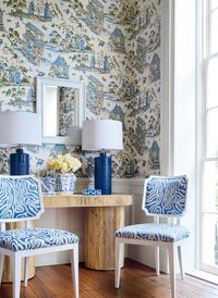 Dress up your space with the new Grand Palace collection. Thiabaut wallpaper in Grand Galace with Alessandro fabric on the chairs.