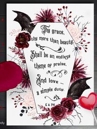 Coffin Valentine card with Edgar Allan Poe love quote, burgundy and blush roses and bats. Creepy Valentine card. This unique calligraphy quote is ideal as a Happy Valentine's Day card or Galentine's Day card. Print-ready. Instant download PDF and JPG files. Matching items available, Valentine tags and more, for link, please read item description.
