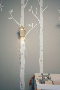 birch tree mural with lighted birdhouse. I want to hide the cord somehow though.