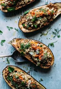 Stuffed Eggplant w/ Sunflower Romesco, Quinoa & Herbs - The First Mess