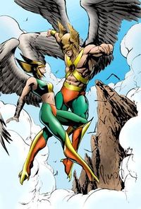 Here in this image, we see both Hawk Girl and Hawkman in full flight in this depiction. The close links between the pair had them as boyfriend ~ girlfriend, linked intimately, parents to new Hawk Girl and Hawk Boy, arch enemies and so on. This would probably explain why Hawkman remains ongoing whilst Hawk Girl has since disappeared from 2009/10.