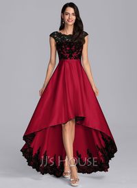 A-Line Scoop Illusion Asymmetrical Satin Lace Evening Dress (017198660) - JJ's House