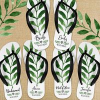 Your wedding party's feet will thank you with our custom flip flops! Personalized flip flops with greenery print. Available in three sizes #wedding #weddingfavors #bridalparty #bridesmaid #greenerywedding