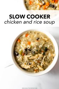 This slow cooker creamy chicken and rice soup is incredibly simple to make. Made with carrots, celery, onions, mushrooms, chicken, rice, variety of spices, and finished off with cream. Pair this with grilled cheese or crusty bread for dinner on a cold evening!
